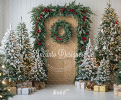 Wooden Door Wreath Snowy Trees Gifts Christmas Backdrop - Layoris