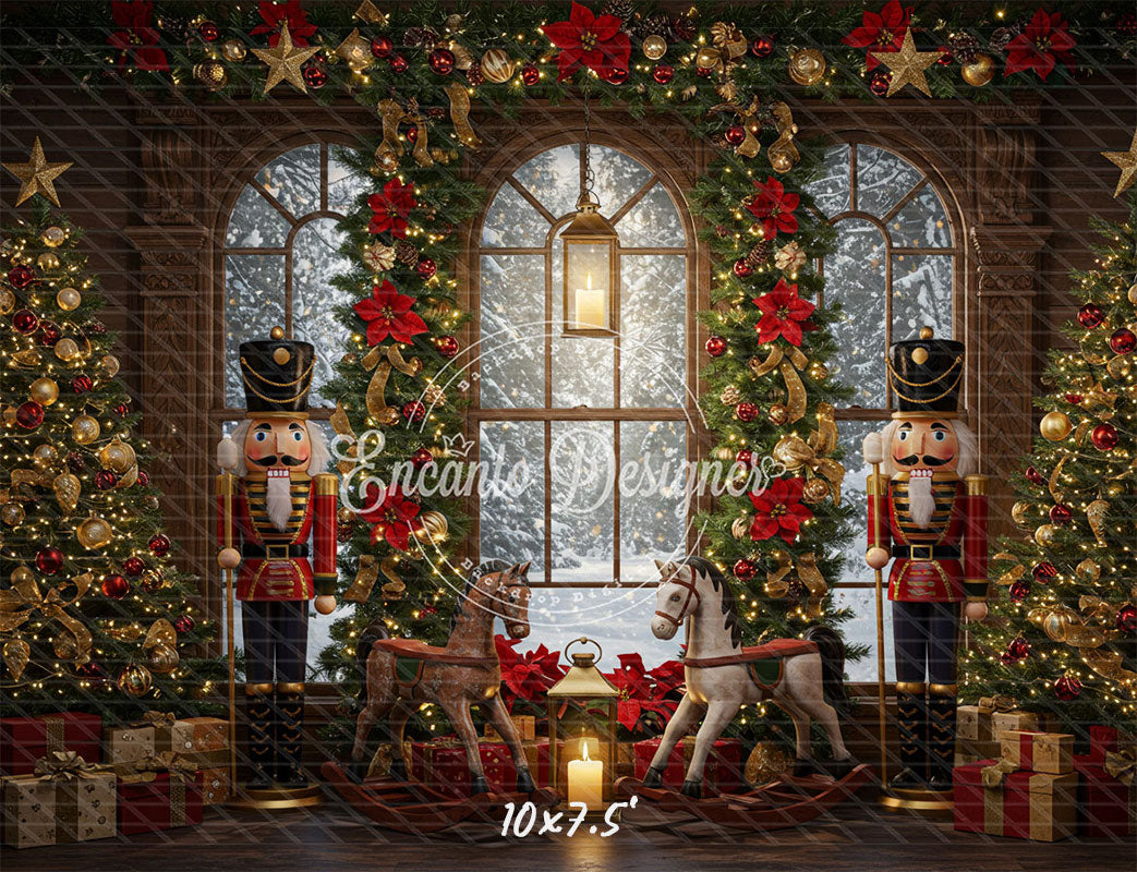 Nutcracker Rocking Horses Poinsettia Christmas Backdrop - Layoris