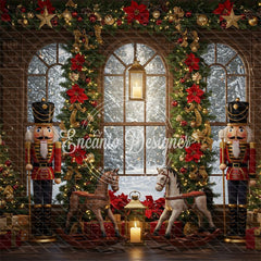 Nutcracker Rocking Horses Poinsettia Christmas Backdrop - Layoris