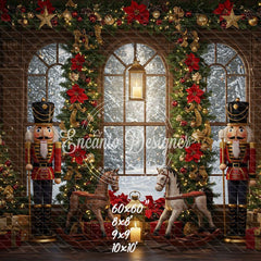 Nutcracker Rocking Horses Poinsettia Christmas Backdrop - Layoris