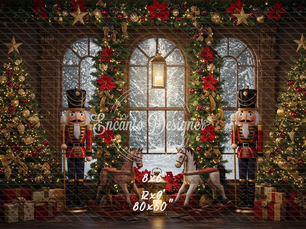Nutcracker Rocking Horses Poinsettia Christmas Backdrop - Layoris