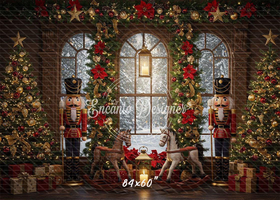Nutcracker Rocking Horses Poinsettia Christmas Backdrop - Layoris