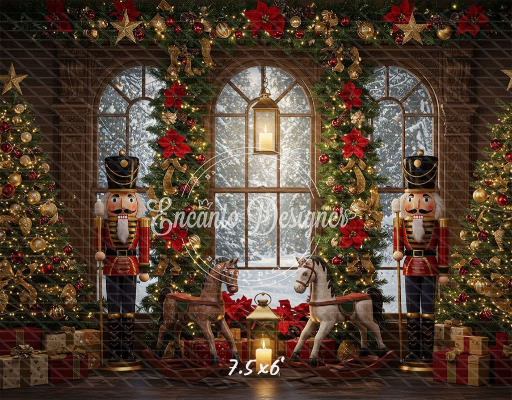 Nutcracker Rocking Horses Poinsettia Christmas Backdrop - Layoris