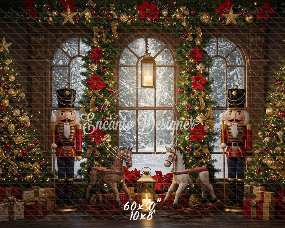 Nutcracker Rocking Horses Poinsettia Christmas Backdrop - Layoris