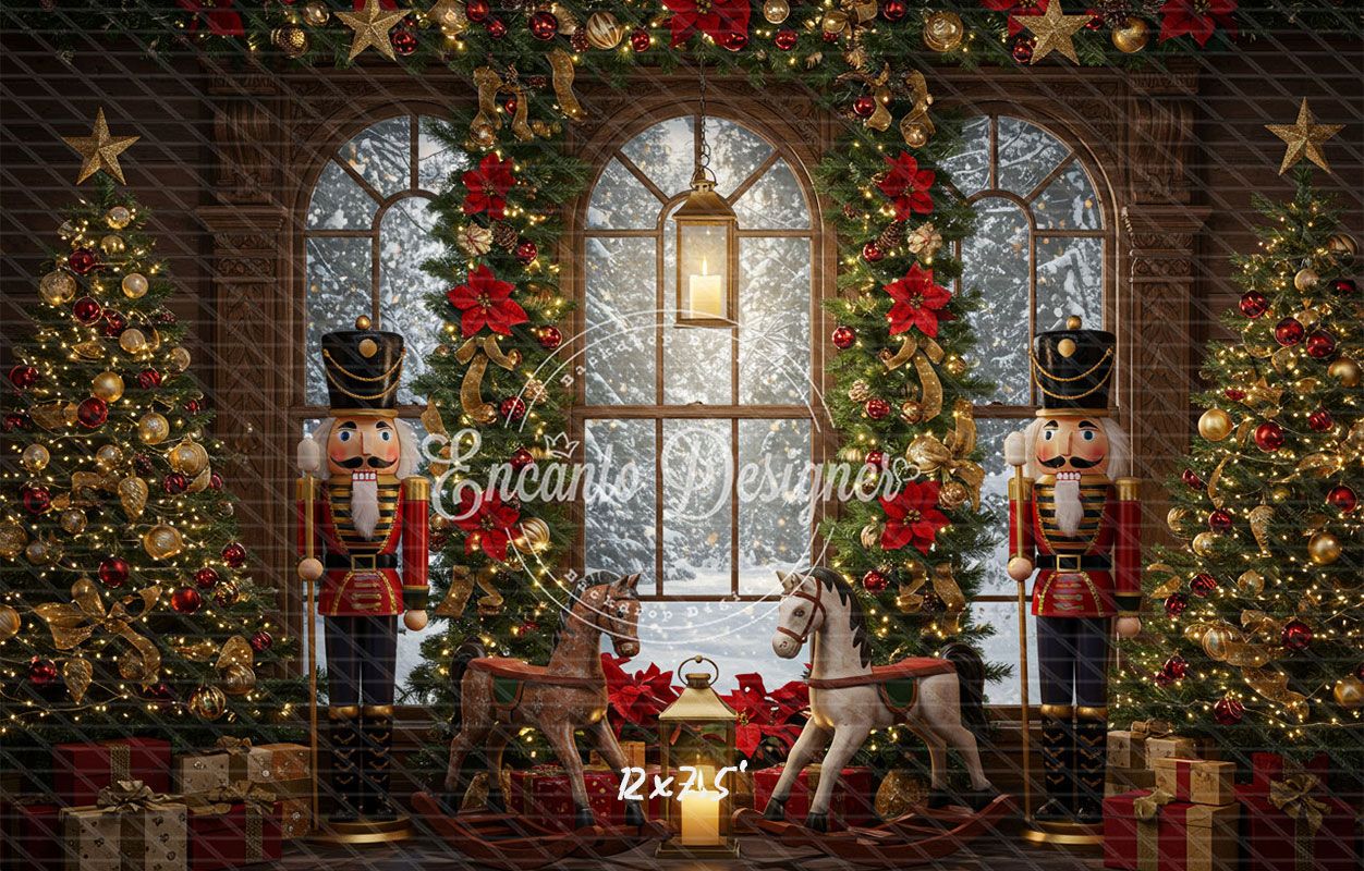 Nutcracker Rocking Horses Poinsettia Christmas Backdrop - Layoris