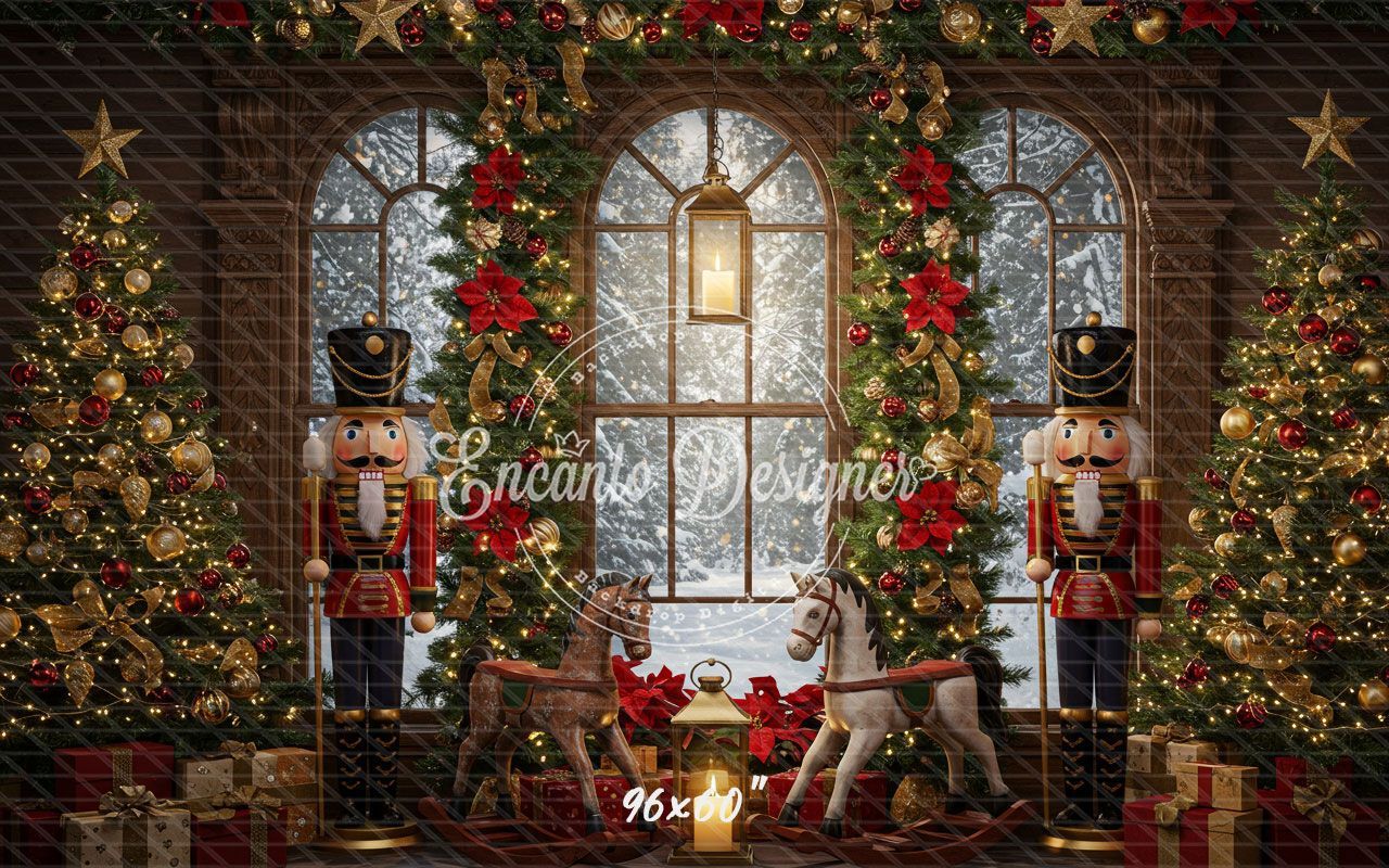 Nutcracker Rocking Horses Poinsettia Christmas Backdrop - Layoris
