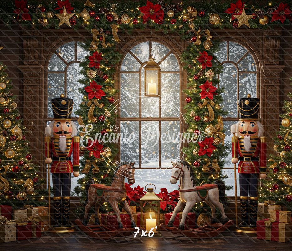 Nutcracker Rocking Horses Poinsettia Christmas Backdrop - Layoris