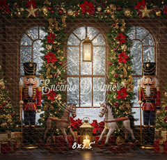 Nutcracker Rocking Horses Poinsettia Christmas Backdrop - Layoris