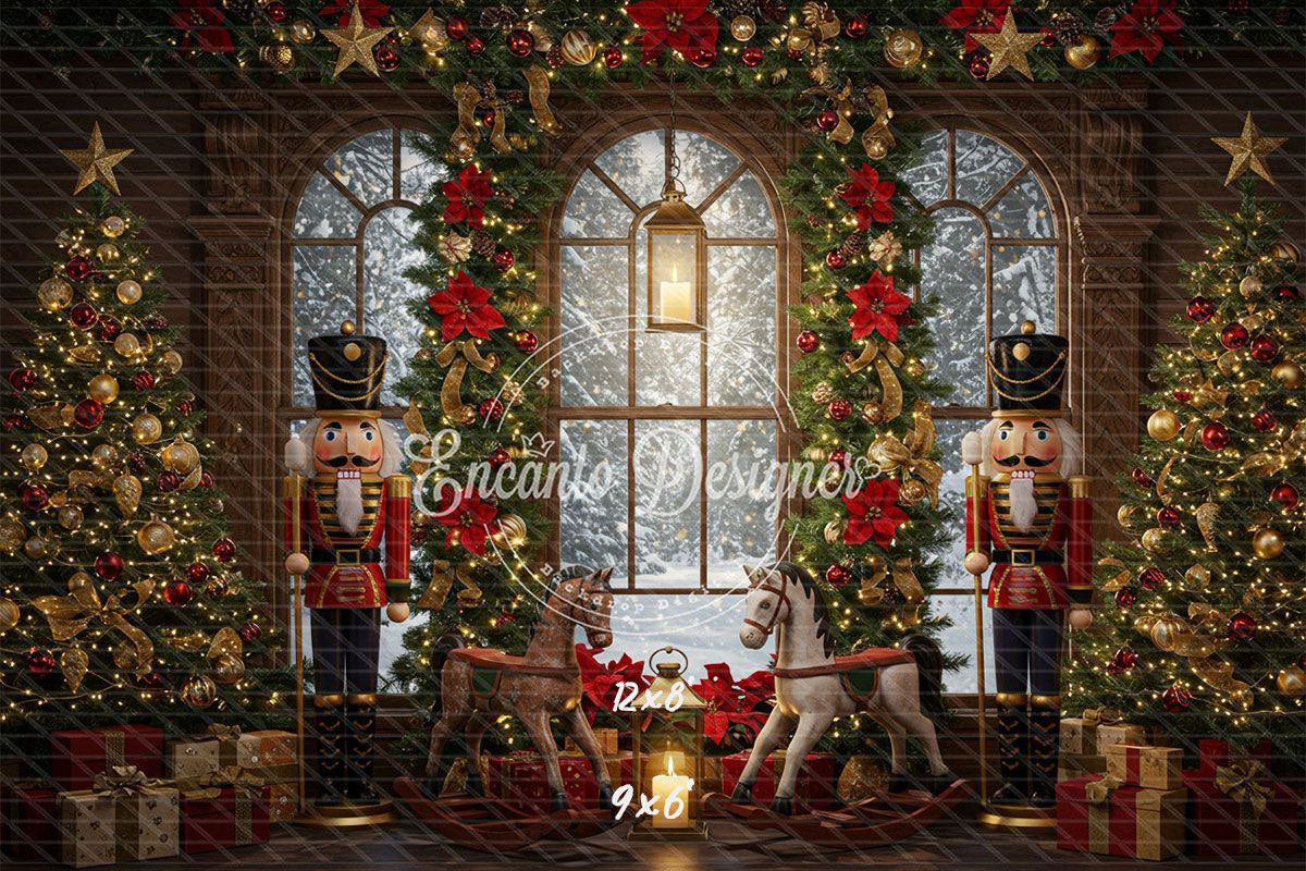 Nutcracker Rocking Horses Poinsettia Christmas Backdrop - Layoris