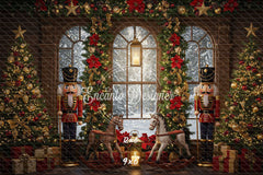 Nutcracker Rocking Horses Poinsettia Christmas Backdrop - Layoris