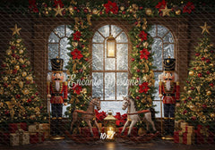 Nutcracker Rocking Horses Poinsettia Christmas Backdrop - Layoris