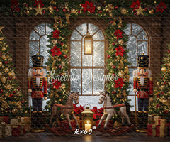 Nutcracker Rocking Horses Poinsettia Christmas Backdrop - Layoris