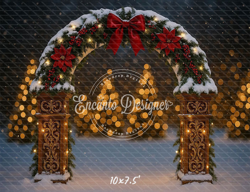 Snowy Arch Red Bow Poinsettia Lights Christmas Backdrop - Layoris