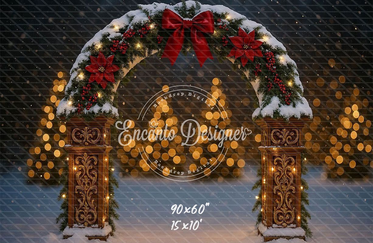 Snowy Arch Red Bow Poinsettia Lights Christmas Backdrop - Layoris