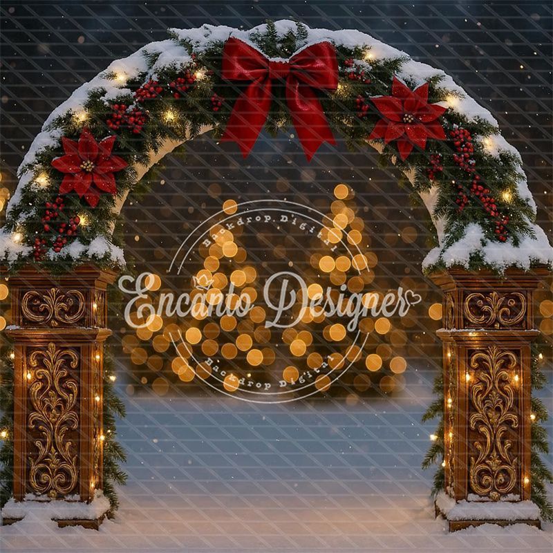 Snowy Arch Red Bow Poinsettia Lights Christmas Backdrop - Layoris