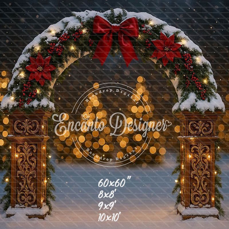 Snowy Arch Red Bow Poinsettia Lights Christmas Backdrop - Layoris