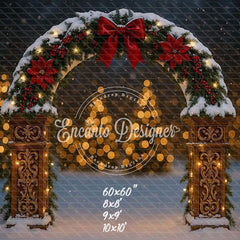 Snowy Arch Red Bow Poinsettia Lights Christmas Backdrop - Layoris