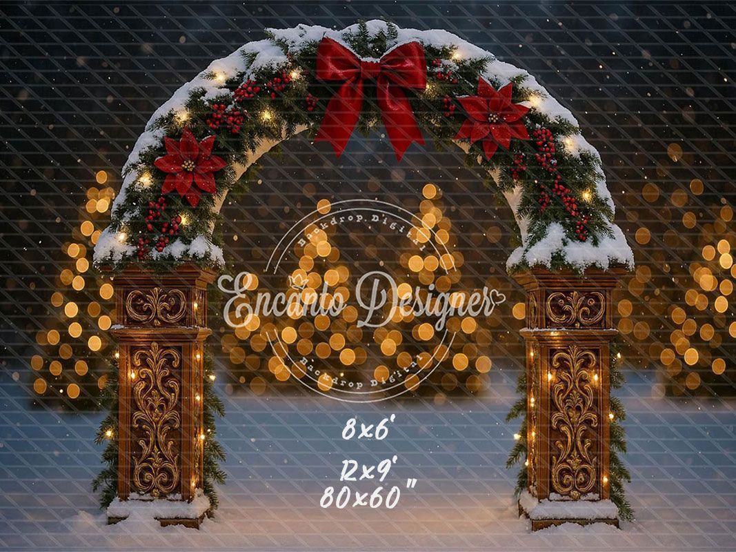 Snowy Arch Red Bow Poinsettia Lights Christmas Backdrop - Layoris