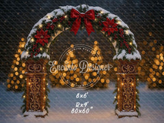 Snowy Arch Red Bow Poinsettia Lights Christmas Backdrop - Layoris