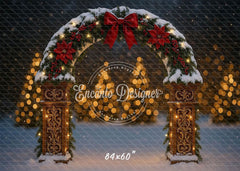 Snowy Arch Red Bow Poinsettia Lights Christmas Backdrop - Layoris