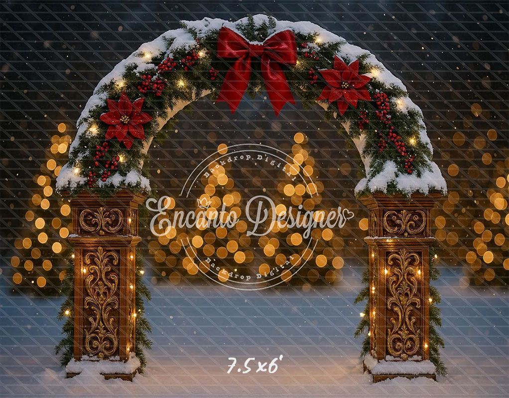 Snowy Arch Red Bow Poinsettia Lights Christmas Backdrop - Layoris