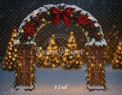 Snowy Arch Red Bow Poinsettia Lights Christmas Backdrop - Layoris