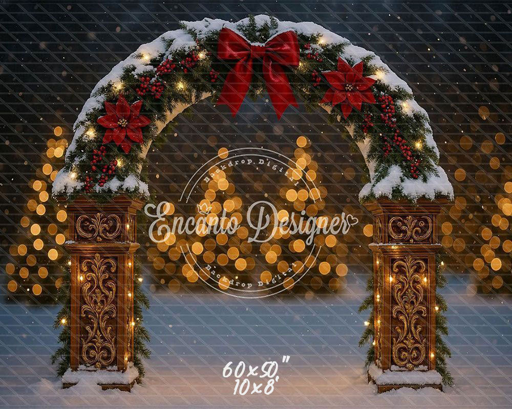 Snowy Arch Red Bow Poinsettia Lights Christmas Backdrop - Layoris