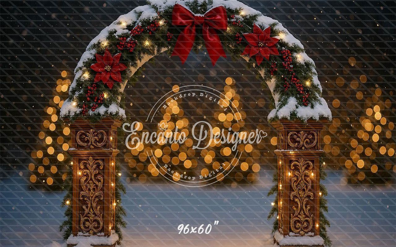 Snowy Arch Red Bow Poinsettia Lights Christmas Backdrop - Layoris