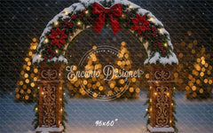 Snowy Arch Red Bow Poinsettia Lights Christmas Backdrop - Layoris