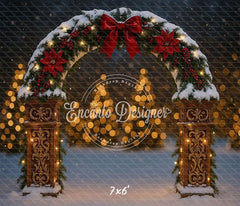 Snowy Arch Red Bow Poinsettia Lights Christmas Backdrop - Layoris