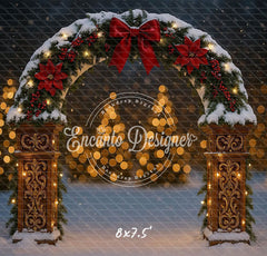 Snowy Arch Red Bow Poinsettia Lights Christmas Backdrop - Layoris