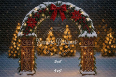 Snowy Arch Red Bow Poinsettia Lights Christmas Backdrop - Layoris