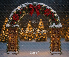 Snowy Arch Red Bow Poinsettia Lights Christmas Backdrop - Layoris