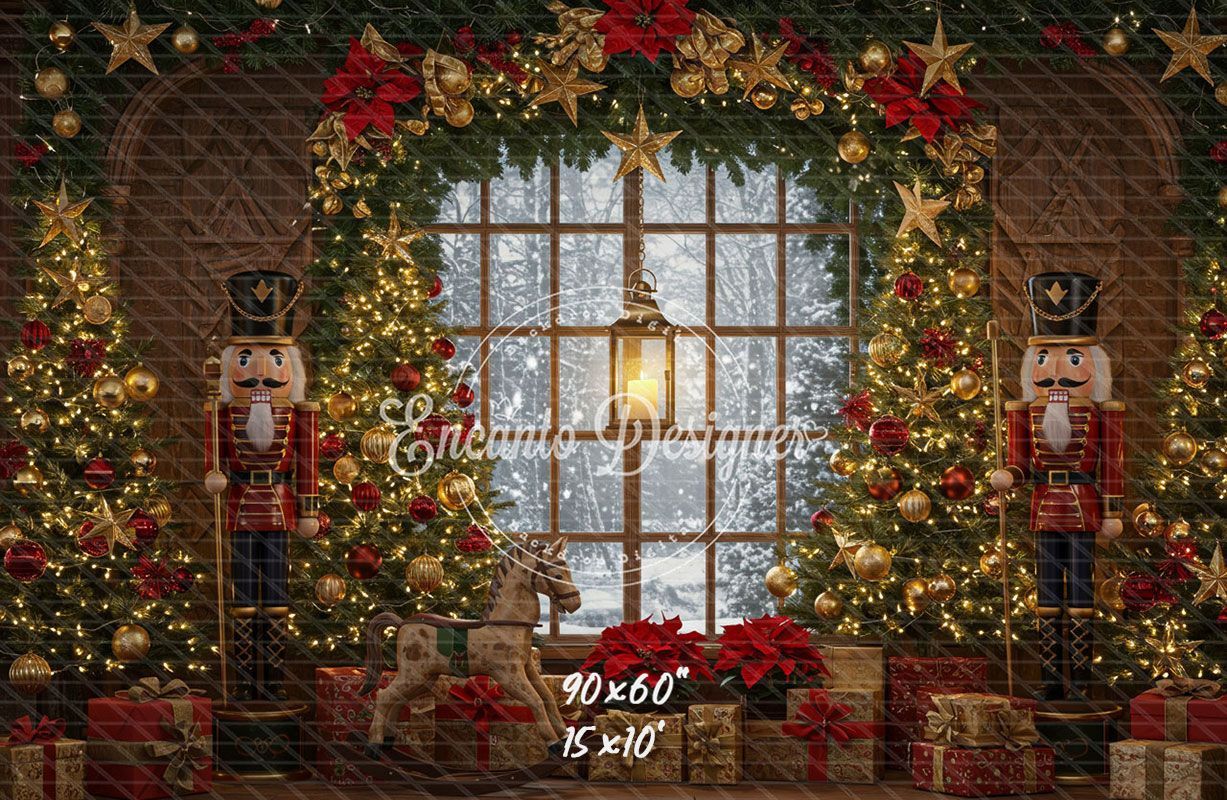 Nutcracker Rocking Horse Poinsettia Gifts Christmas Backdrop - Layoris