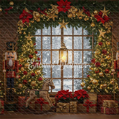 Nutcracker Rocking Horse Poinsettia Gifts Christmas Backdrop - Layoris