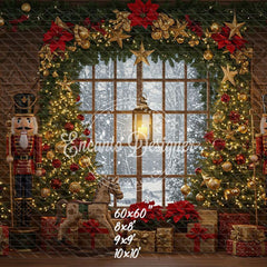 Nutcracker Rocking Horse Poinsettia Gifts Christmas Backdrop - Layoris