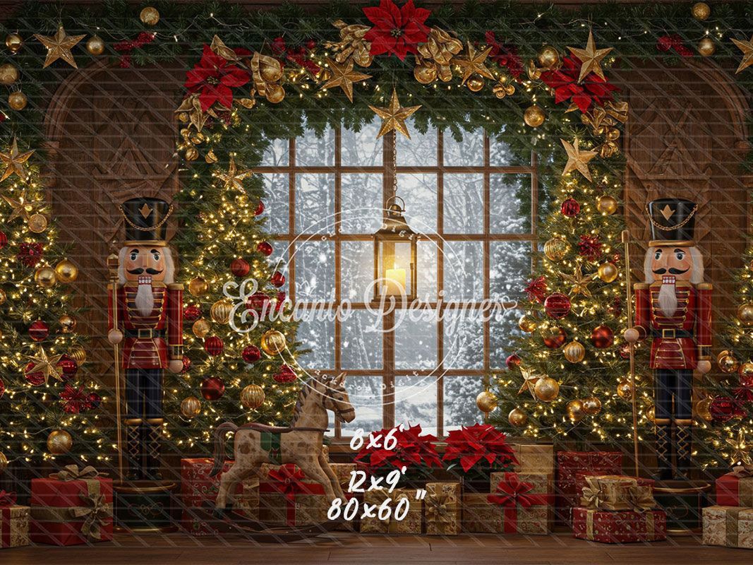 Nutcracker Rocking Horse Poinsettia Gifts Christmas Backdrop - Layoris