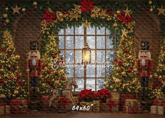 Nutcracker Rocking Horse Poinsettia Gifts Christmas Backdrop - Layoris