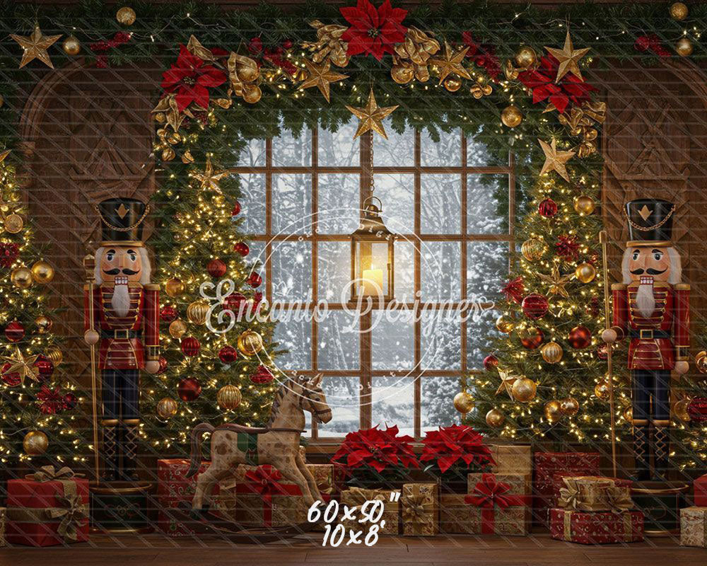 Nutcracker Rocking Horse Poinsettia Gifts Christmas Backdrop - Layoris