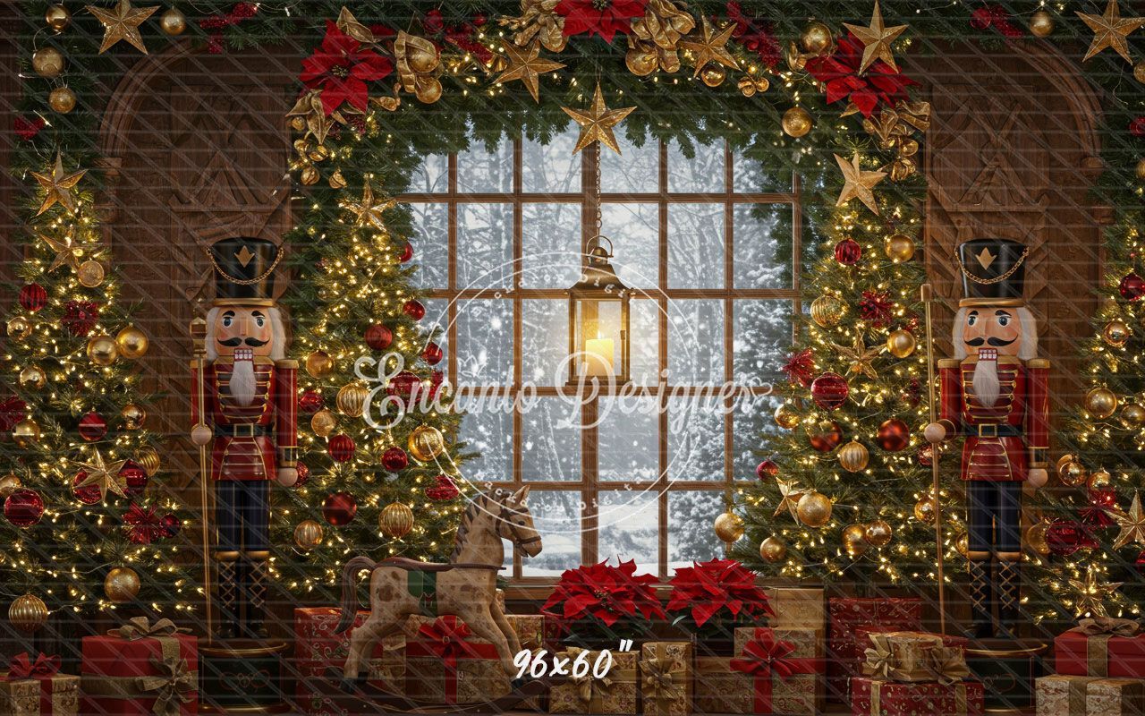 Nutcracker Rocking Horse Poinsettia Gifts Christmas Backdrop - Layoris