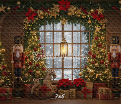 Nutcracker Rocking Horse Poinsettia Gifts Christmas Backdrop - Layoris