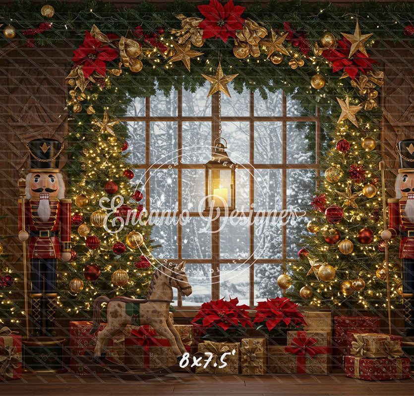 Nutcracker Rocking Horse Poinsettia Gifts Christmas Backdrop - Layoris