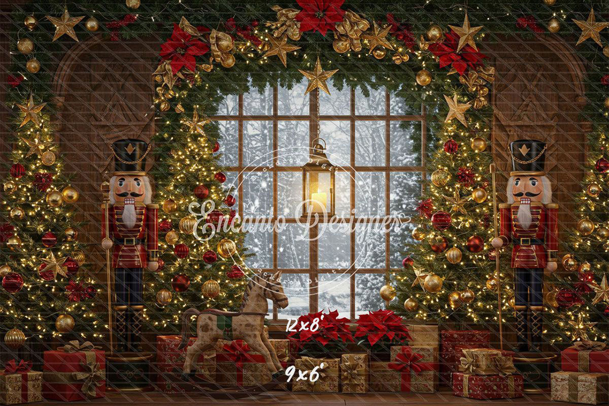 Nutcracker Rocking Horse Poinsettia Gifts Christmas Backdrop - Layoris