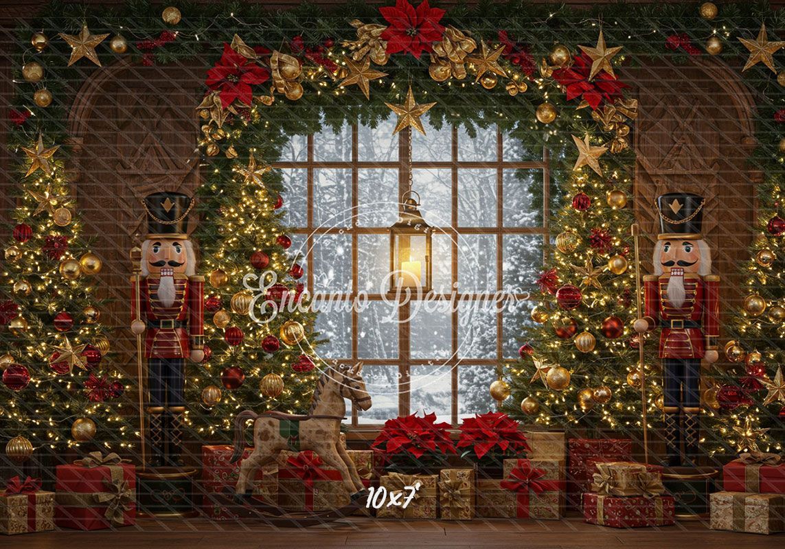 Nutcracker Rocking Horse Poinsettia Gifts Christmas Backdrop - Layoris