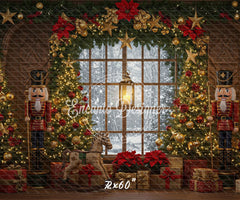 Nutcracker Rocking Horse Poinsettia Gifts Christmas Backdrop - Layoris