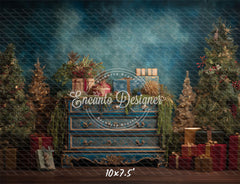 Blue Ornate Dresser Gifts Trees Vintage Christmas Backdrop - Layoris