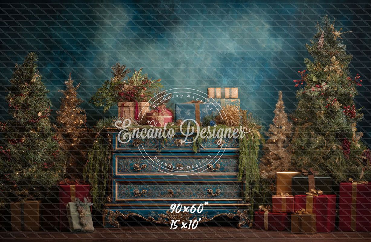 Blue Ornate Dresser Gifts Trees Vintage Christmas Backdrop - Layoris