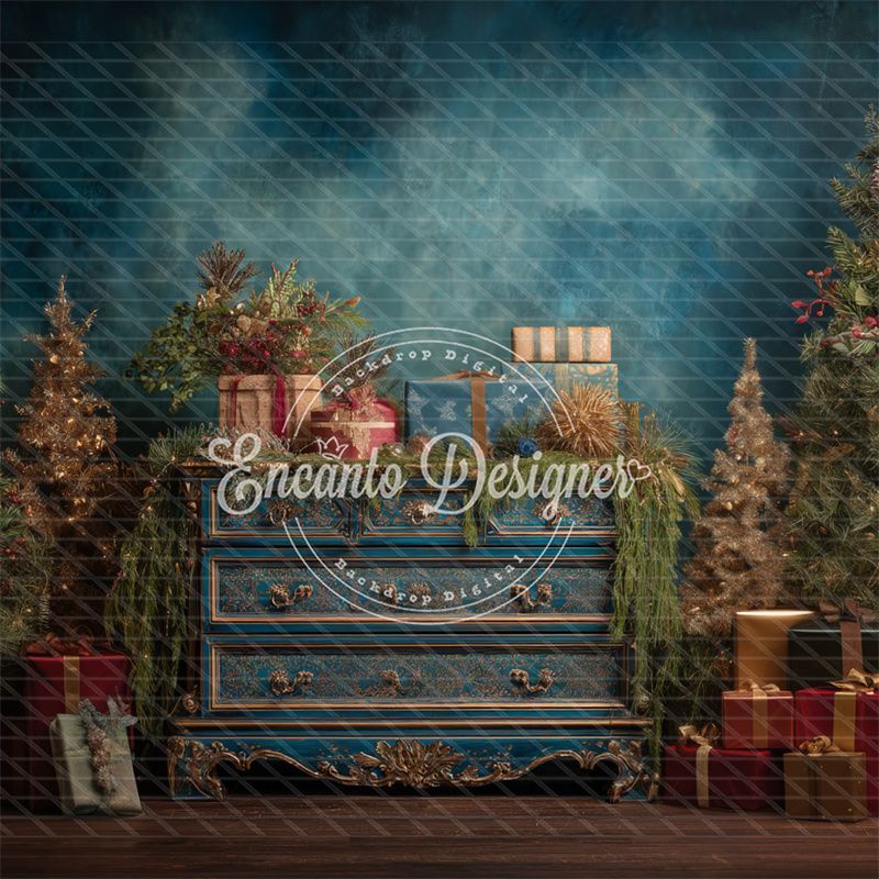 Blue Ornate Dresser Gifts Trees Vintage Christmas Backdrop - Layoris