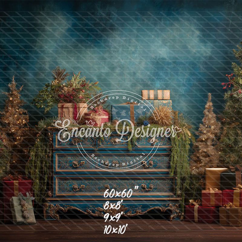Blue Ornate Dresser Gifts Trees Vintage Christmas Backdrop - Layoris