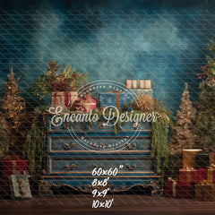 Blue Ornate Dresser Gifts Trees Vintage Christmas Backdrop - Layoris